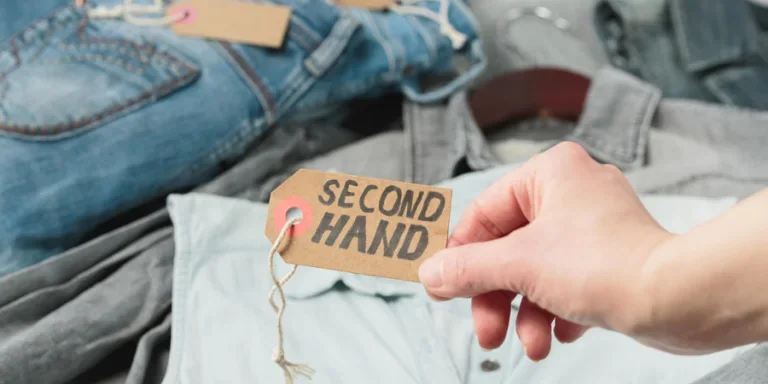 Clothes from females wardrobe on shelf of second hand store