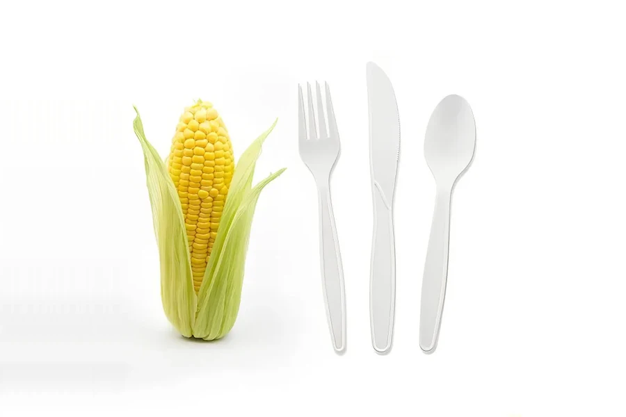 Corn cob next to a 3-piece edible flatware set