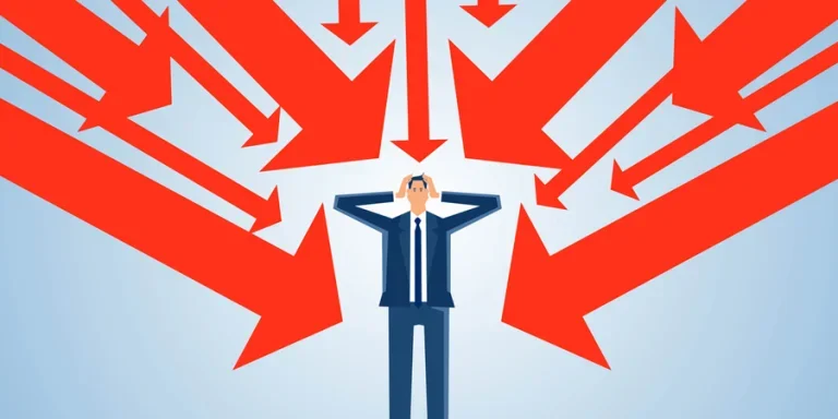 Countless falling arrows rushing towards desperate businessmen