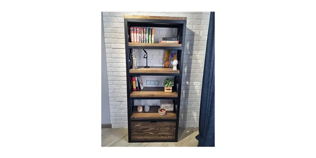 Custom-designed wood and metal loft-style bookshelf