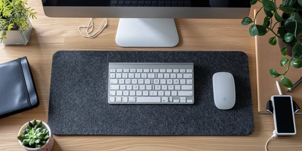 Design of a simple felt mouse pad with dark gray woolen fabric on the front