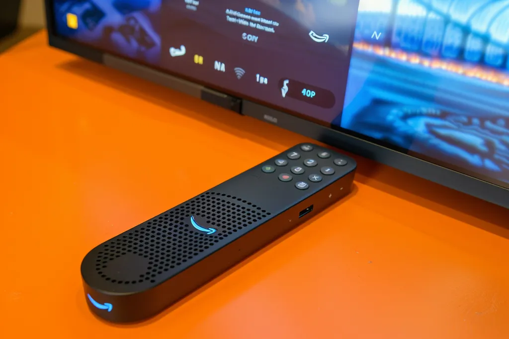 Fire TV stick and remote control are on a table