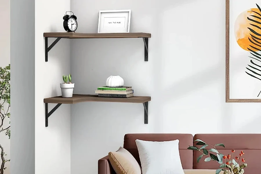 Floating corner shelves with steel mounting brackets