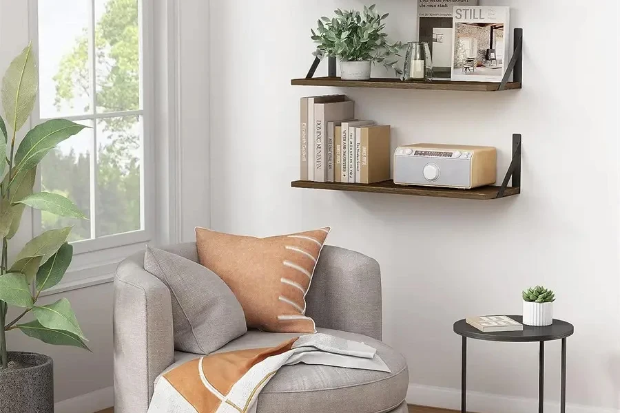 Floating shelves with steel mounting brackets in the living room