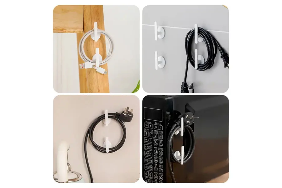 Four images showing cords wrapped around cable organizers