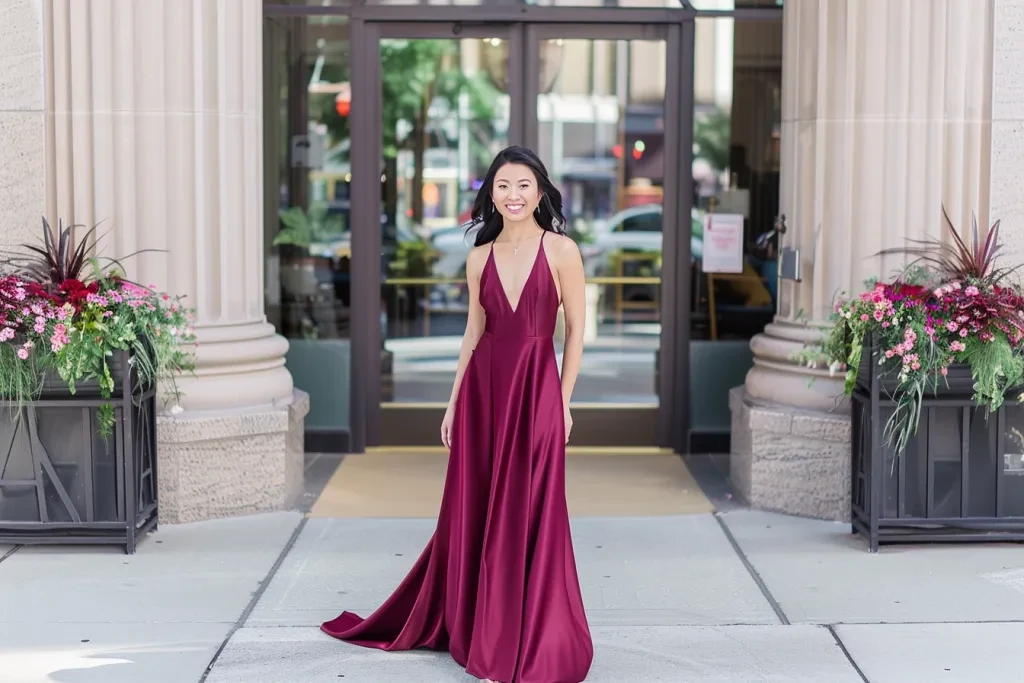 Generate an elegant burgundy floor length dress with a deep neckline and thin straps for the wedding party