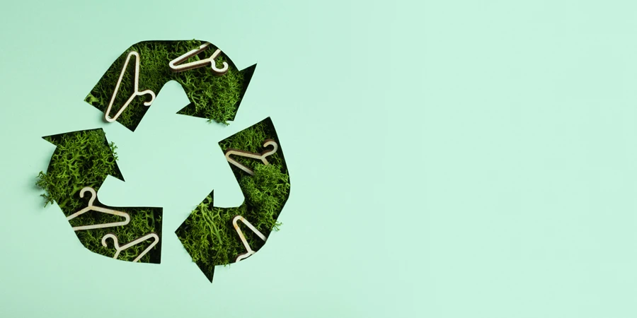 Green moss and hangers under paper cut recycling symbol. Fast fashion, slow fashion, recycling cloth concept