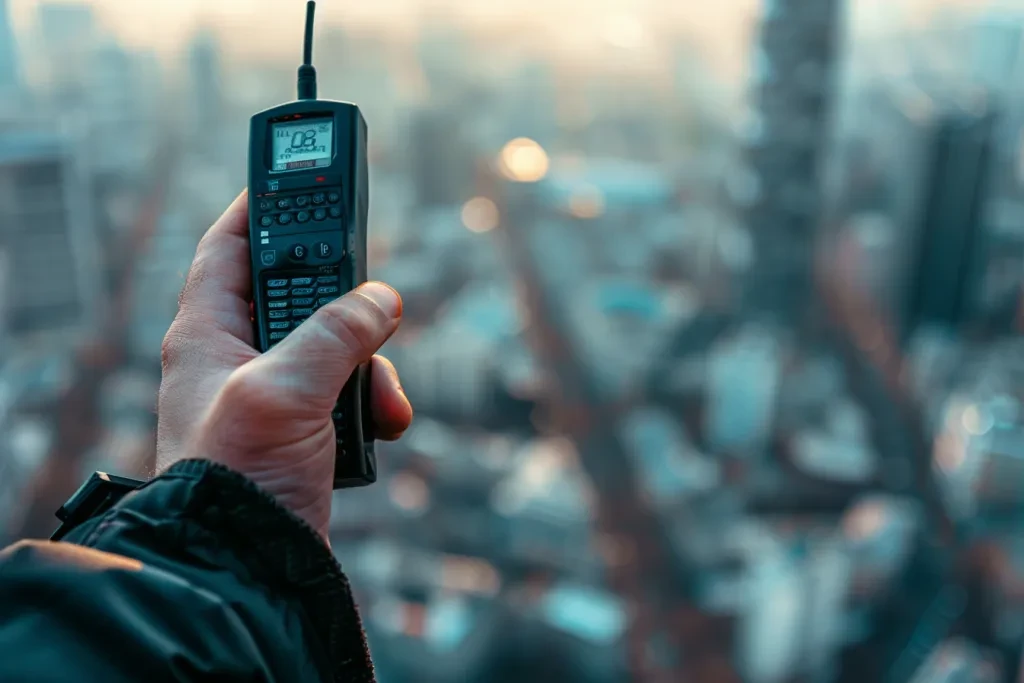 Hand holding walkie talkie on blurred city background