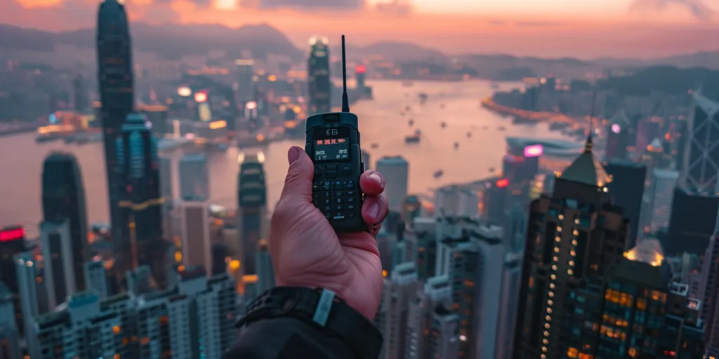 Hand holding walkie talkie with city skyline background