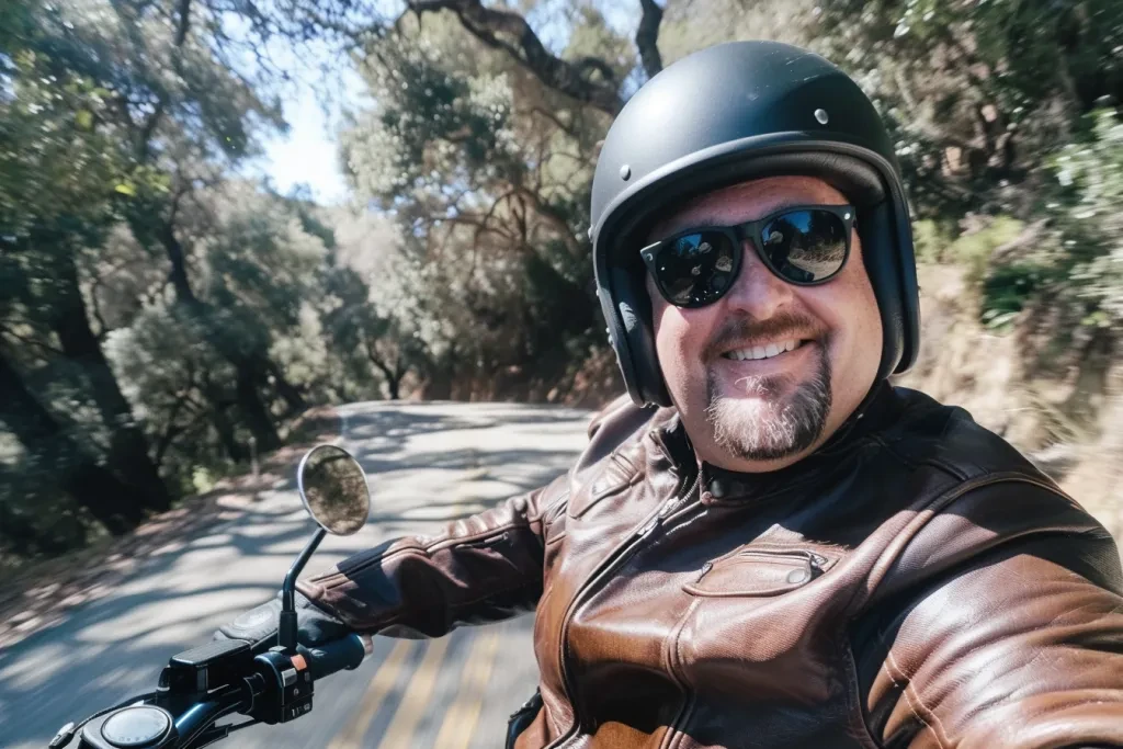 He is smiling at the camera while wearing an all-black full helmet