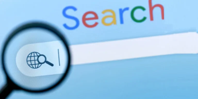 Internet browser search bar with magnifier on computer screen with text Search