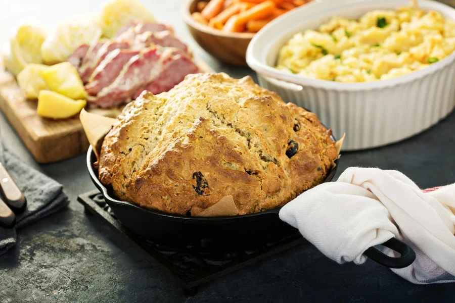 Irish soda bread baked in cast iron loaf pan