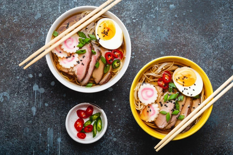 Japanese ramen served in melamine bowls