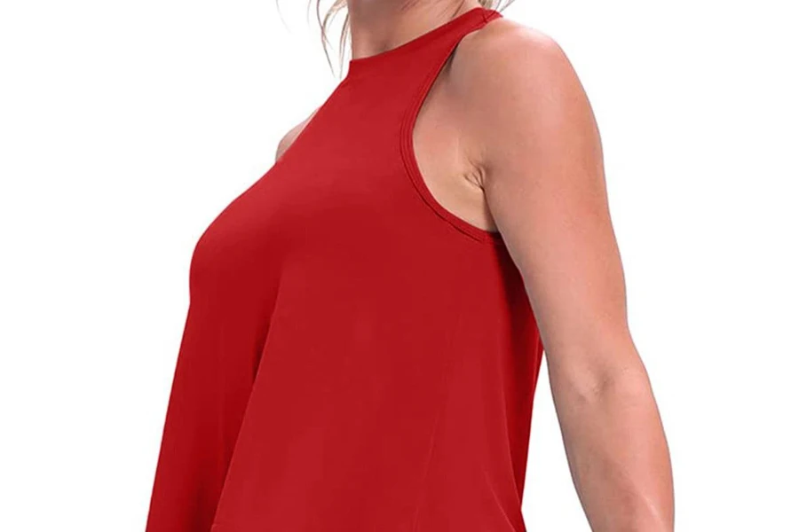 Lady in a red oversized tank top