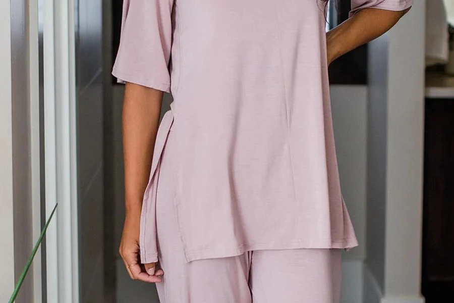 Lady wearing a stylish two-piece pajama set