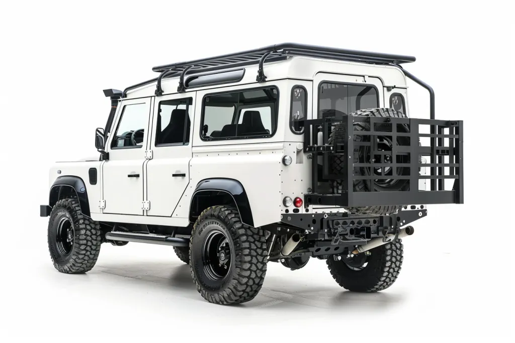 Land Rover short side truck bed rack with rear window in the style of white background