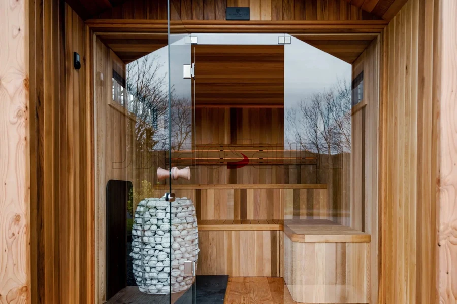 Large red cedar wood sauna with tempered glass
