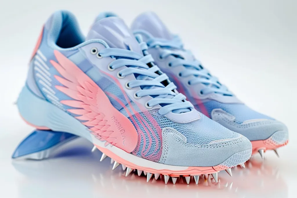 Light blue and pink winged track shoes