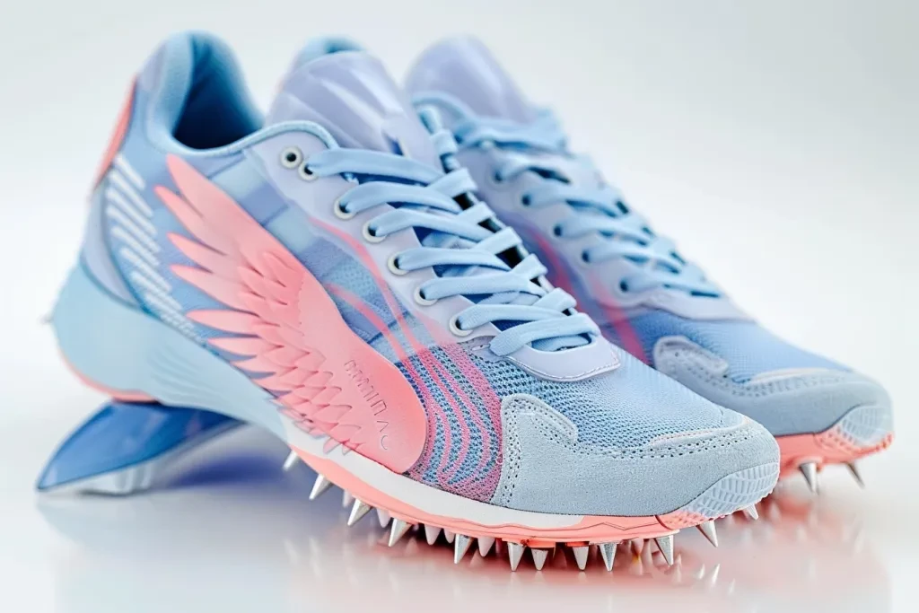 Light blue and pink winged track shoes