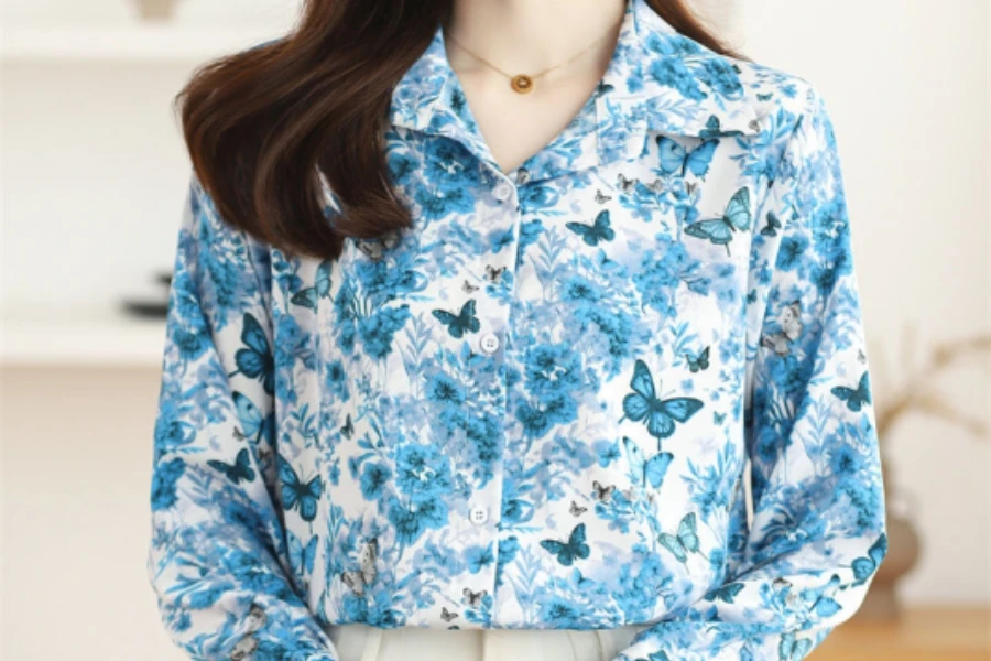 Long Sleeve Blouse Women Turn Down Collar Butterfly Print