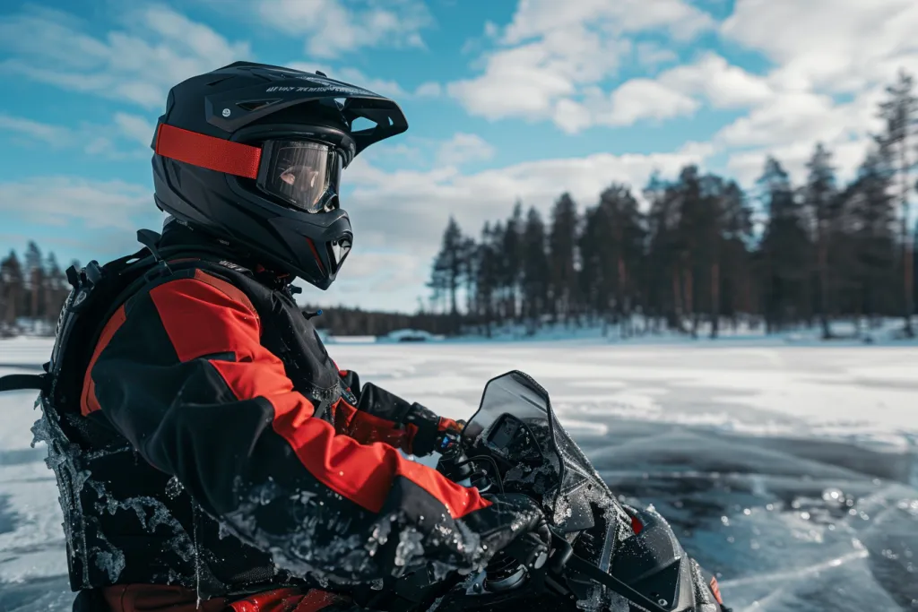 Man wearing a black and red snowmobile suit