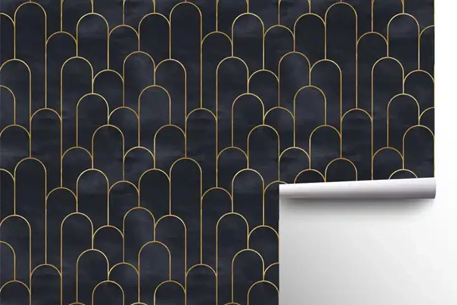 Midnight blue peel-and-stick wallpaper with gold geometric pattern