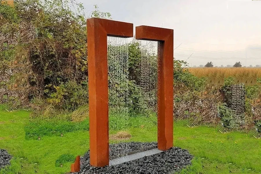 Minimalist outdoor water fountain design with rain curtain