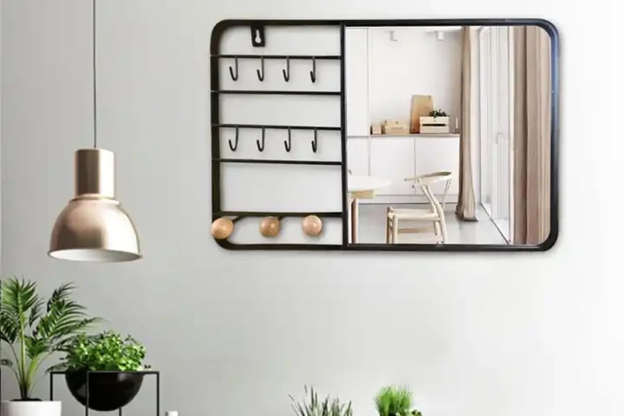 Modern 3D mirror with hooks and wooden ball detail
