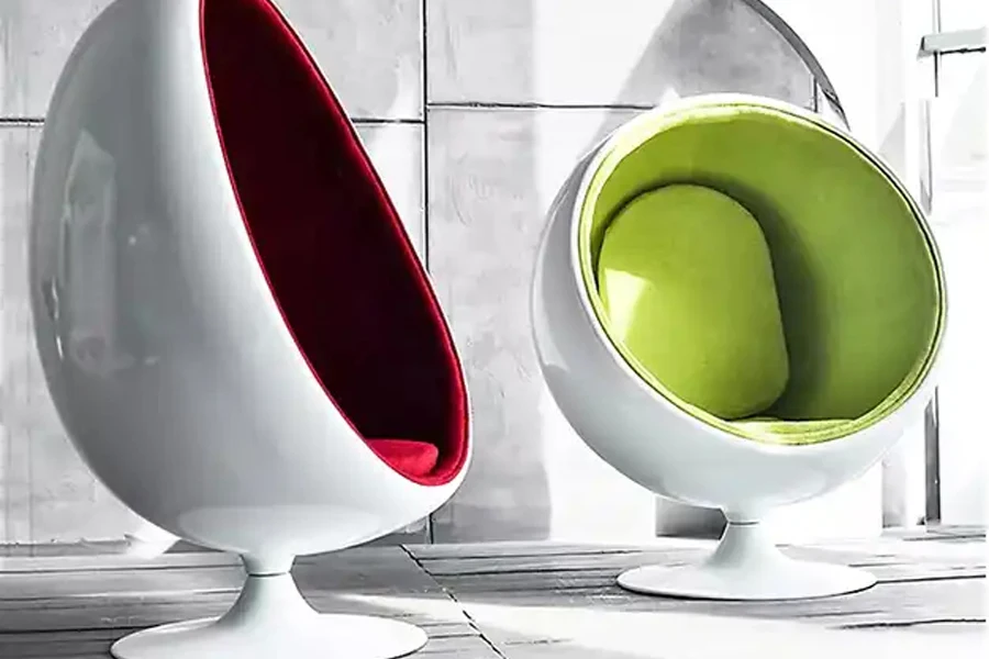 Modern fiberglass pod chairs in whitered and whitegreen