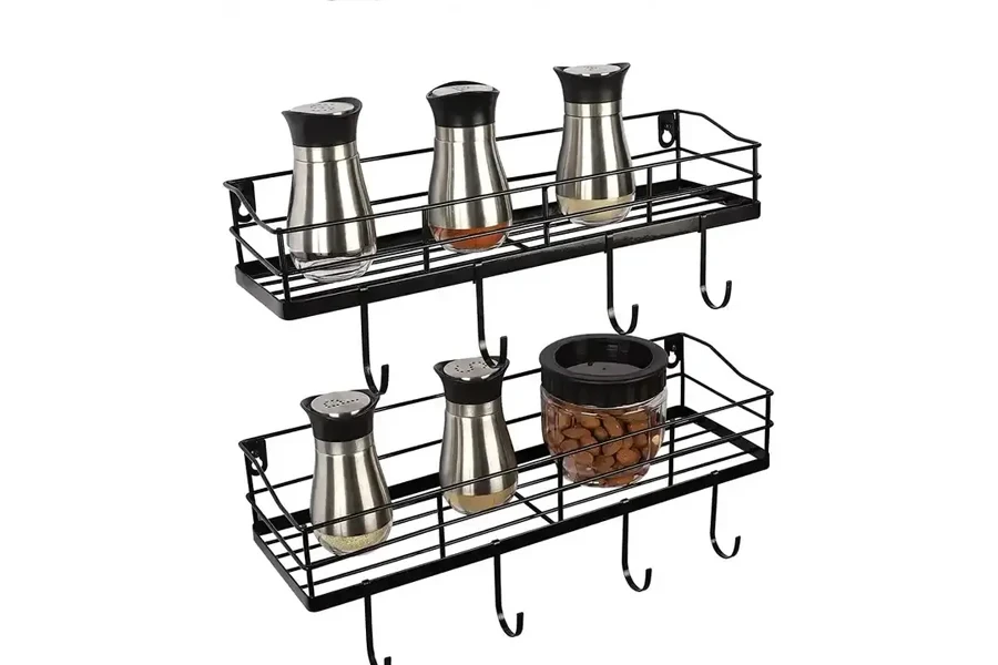 Mounted metal spice rack floating shelves with hooks