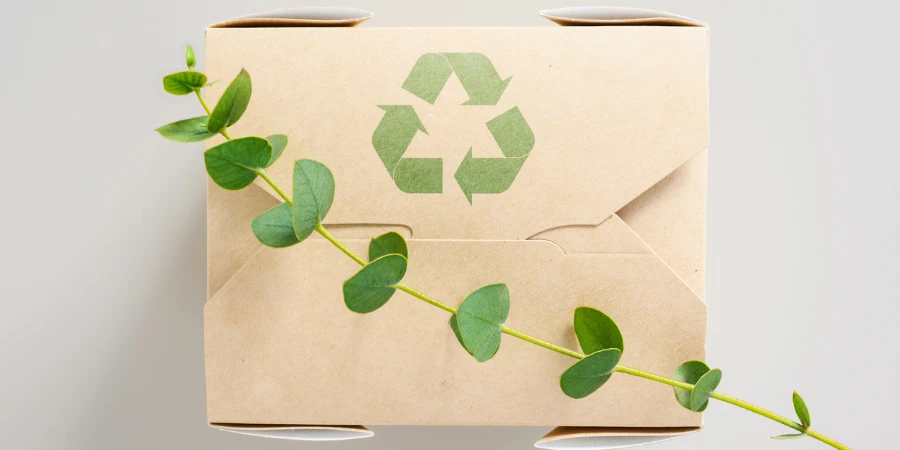 Paper food container with a recycling sign and a branch of a green plant
