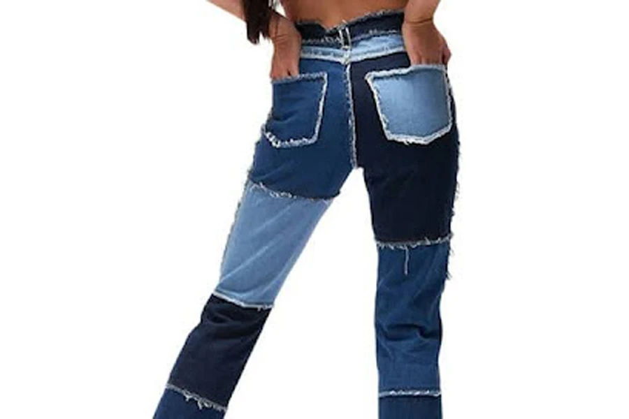 Patchwork straight jeans with different shades of blue