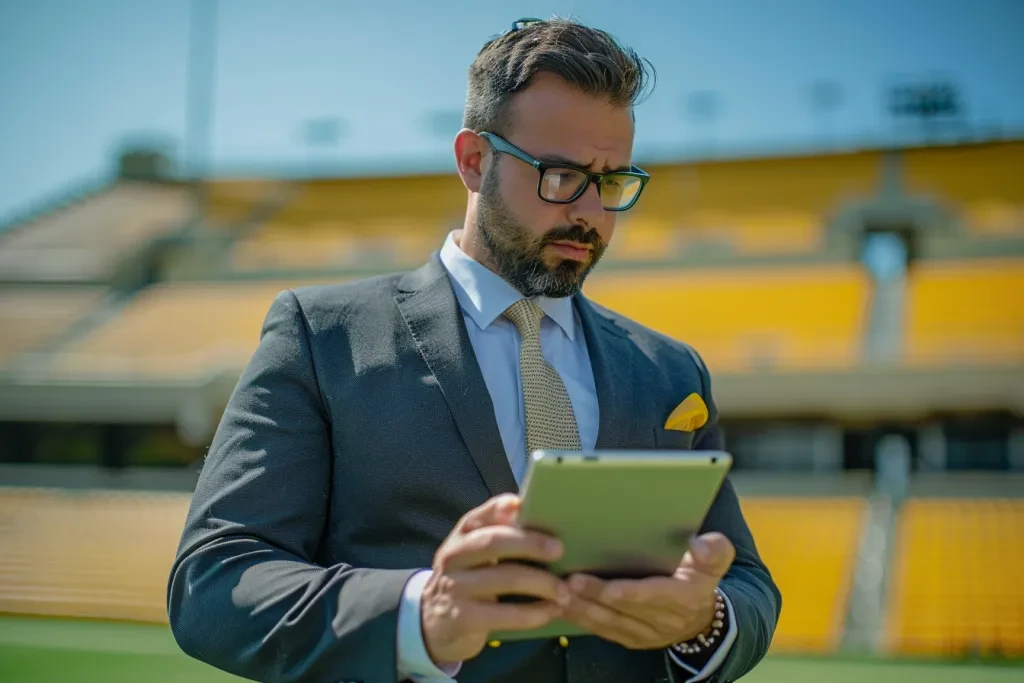 Photo of an office worker in business attire using his tablet