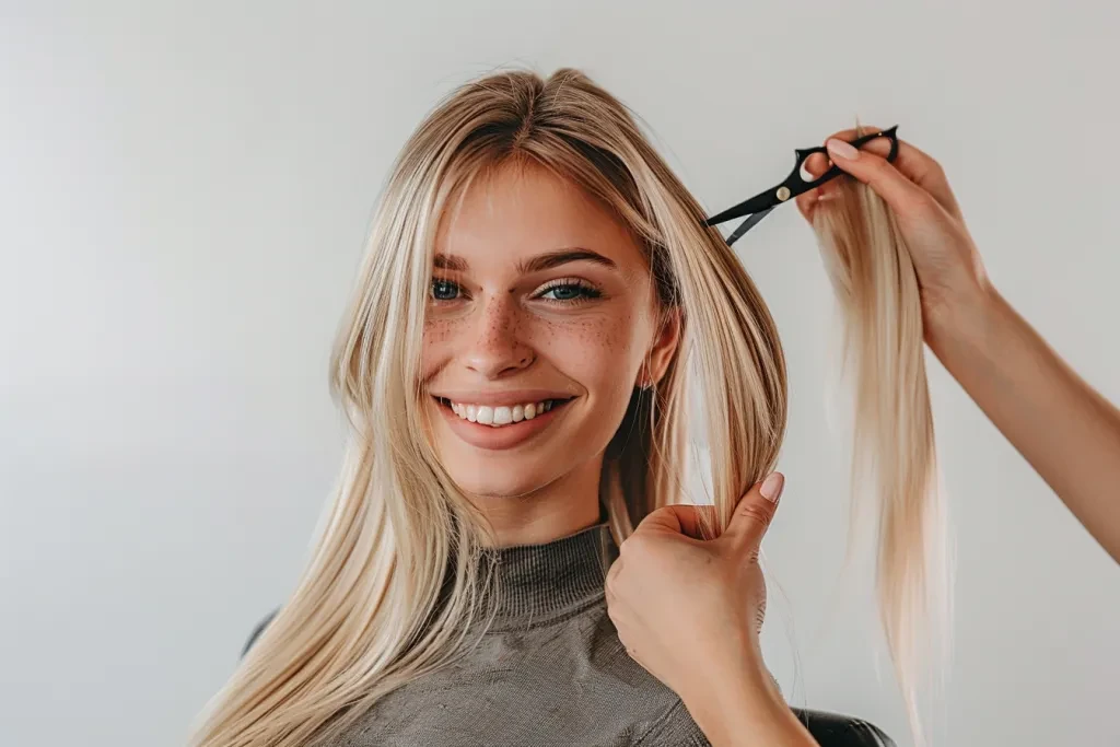 Photo of blonde woman with straight hair in a salon chair