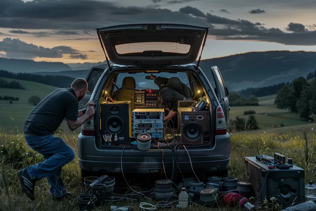 Photorealistic photo of a man kneeling in the trunk