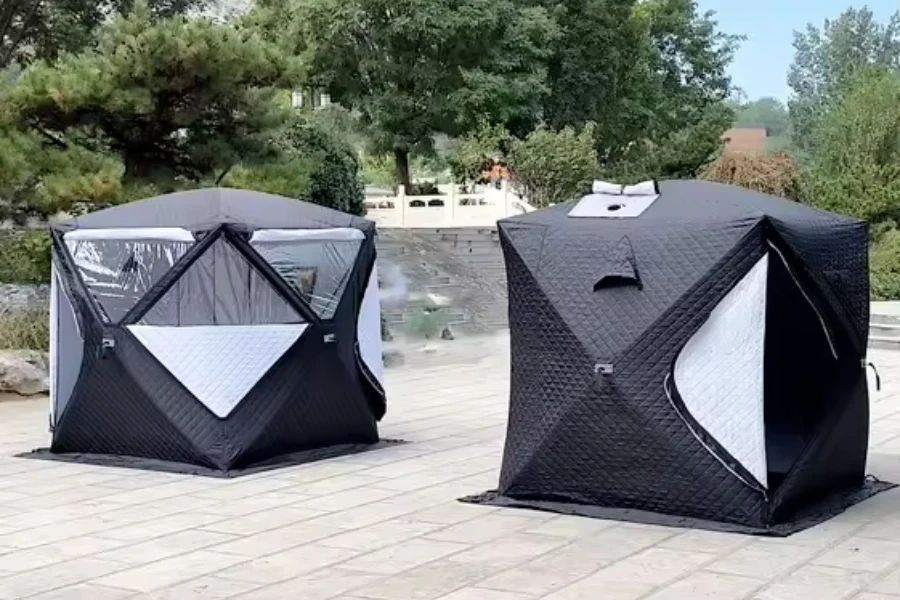 Popup sauna tents for outdoor use with wood-burning stoves