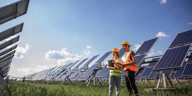 Portrait of engineers spending time outside near solar panels