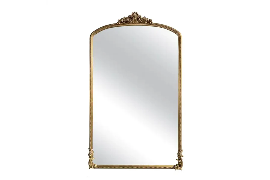 Rectangular antique-style mirror with wooden frame and detail