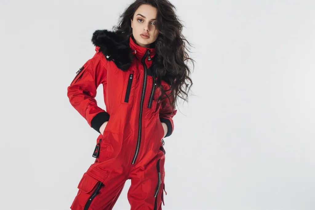 Red Snowboard jumpsuit with black fur collar