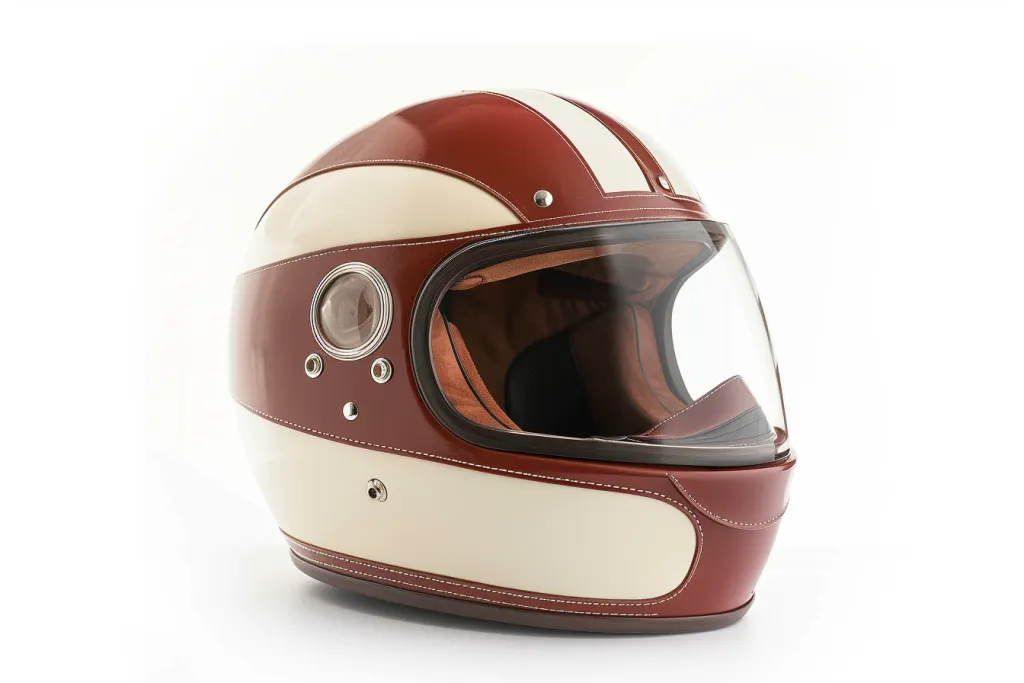 Retro vintage retro motorcycle helmet with clear visor and brown leather face mask