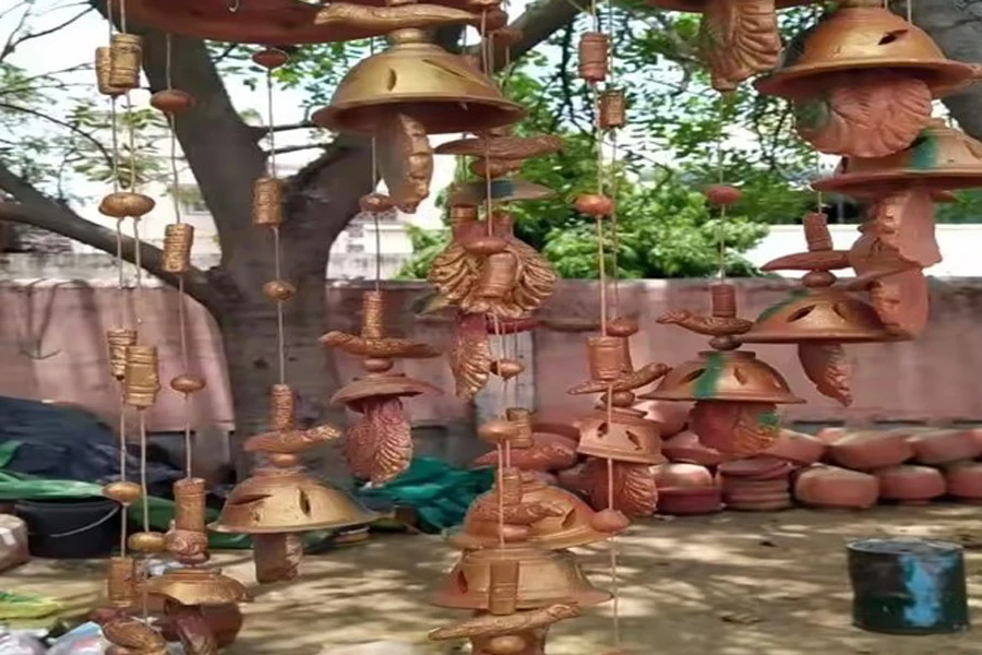 Selection of terracotta clay wind chimes