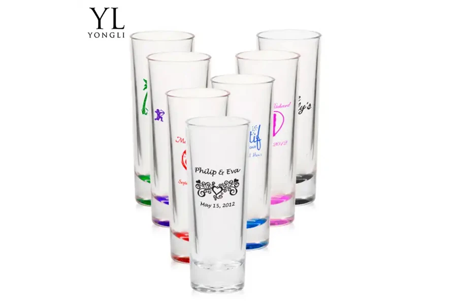 Seven tall shot crystal glasses with colored frosting