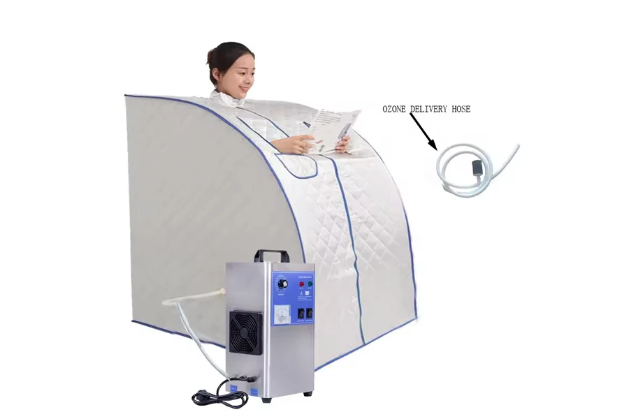 Silver quilted sauna tent with a wet steam generator 