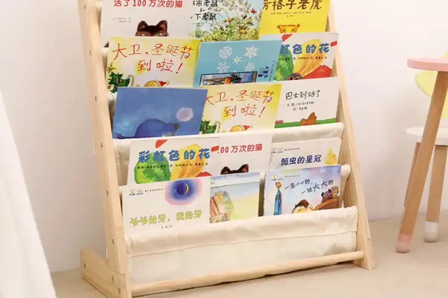 Simple cloth and wood bookcase for child's bedroom