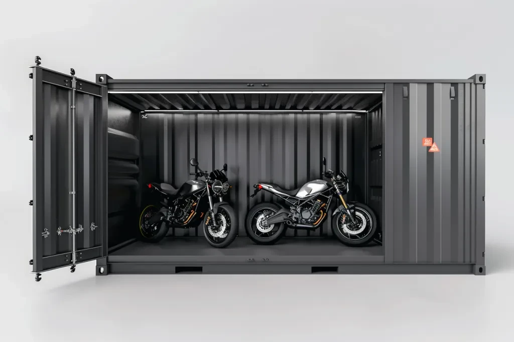 Sleek black shipping container motorcycle storage unit with its door open