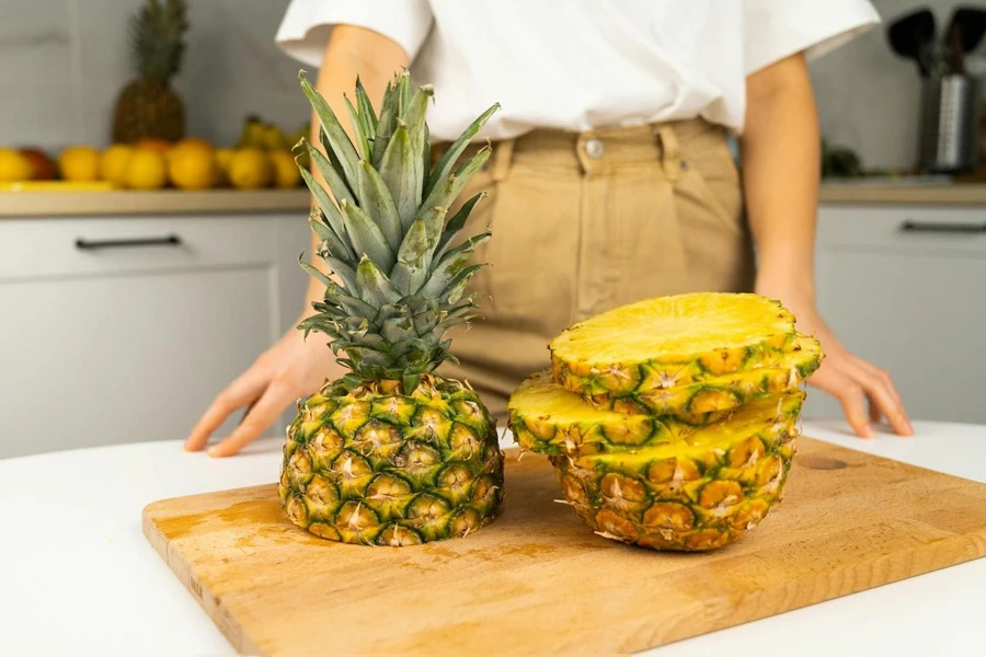 Slices of pineapple on a chopping board