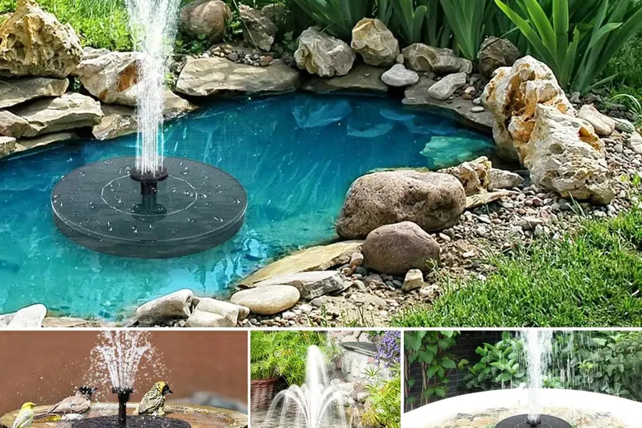 Small solar water feature with multiple spray heads