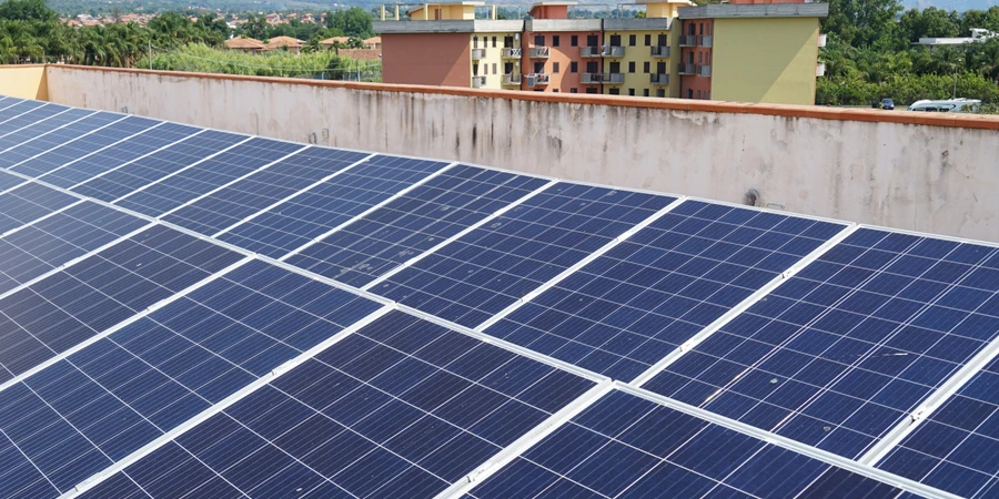 Solar panels on roof of modern residential building