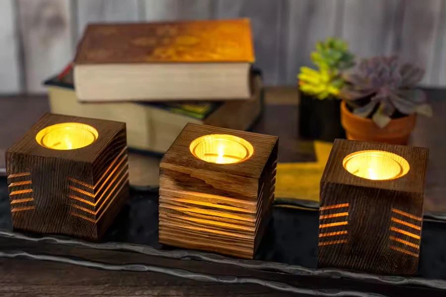 Square, detailed wooden candle holders