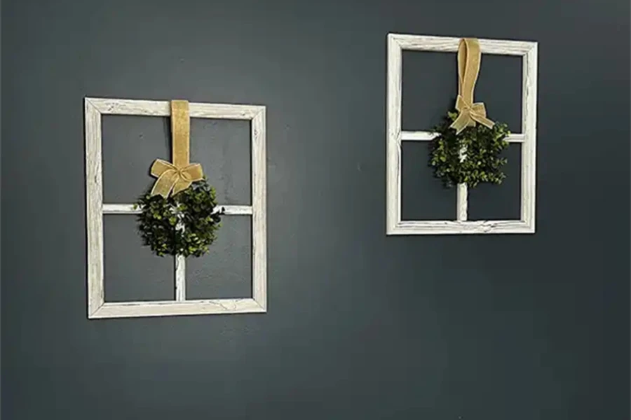 Square wooden window frame wall hangings with wreaths